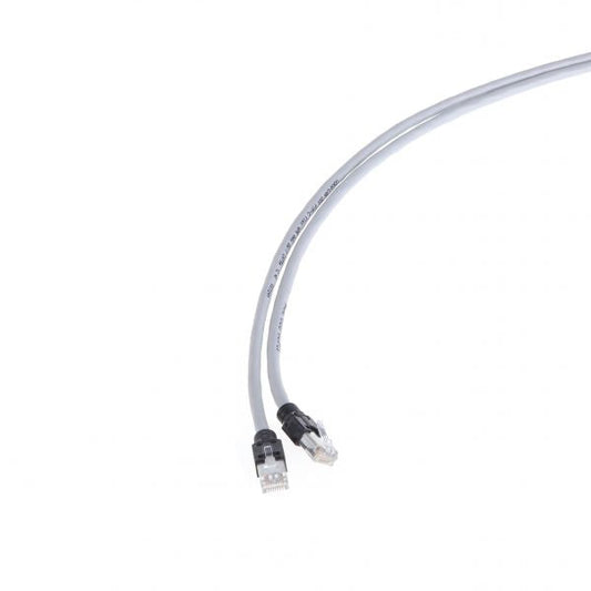The Connecting Cable Type A (100m) by Leybold North America is a gray Ethernet cable with dual RJ45 connectors, ideal for seamless data transfer, shown against a white backdrop.