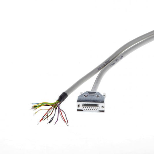 Close-up of Leybold North America's gray 15m Connecting cable Type E with a 9-pin connector and colorful exposed wires, ensuring seamless connectivity. The wire casing features printed numbers against a plain white background.