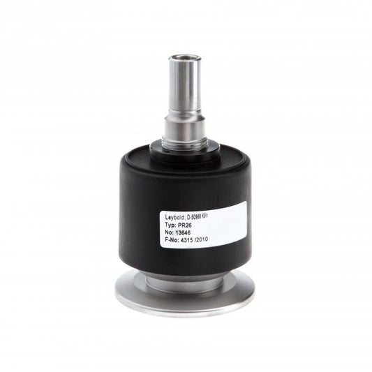 The PENNINGVAC PR 26 by Leybold North America is a metallic cylindrical component with a black outer casing and a thinner metallic rod extending from the top. It features a white label with text indicating specifications and part numbers, and its bottom has a wider, flat circular base.