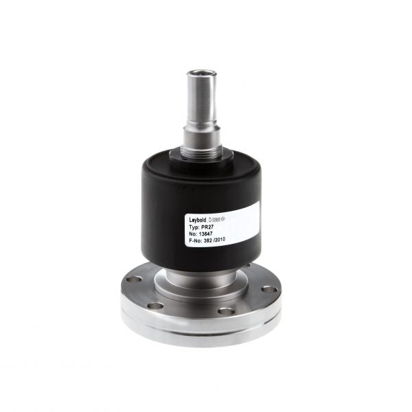 Technical Description: The Leybold North America PENNINGVAC PR 27 is a robust metal industrial component featuring a cylindrical main body and a round base. It is equipped with a protruding shaft. The black body prominently displays a white label inscribed with text. The base is designed for secure mounting with multiple bolt holes, emphasizing the product's sturdy and precise construction.