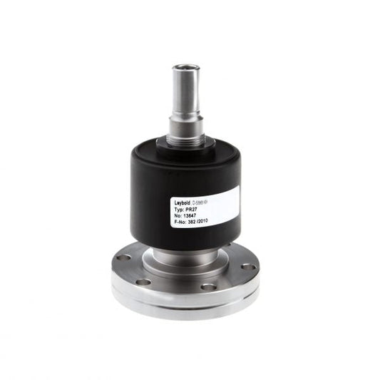 Technical Description: The Leybold North America PENNINGVAC PR 27 is a robust metal industrial component featuring a cylindrical main body and a round base. It is equipped with a protruding shaft. The black body prominently displays a white label inscribed with text. The base is designed for secure mounting with multiple bolt holes, emphasizing the product's sturdy and precise construction.