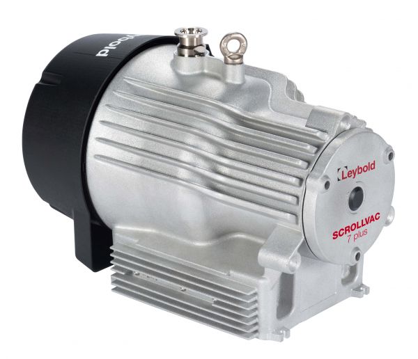 An industrial vacuum pump, the Leybold SCROLLVAC 7 plus, is shown in this image. The pump is metallic silver with a black component and features multiple ribs and fins for cooling. The manufacturer's name and model are visible on a circular area.