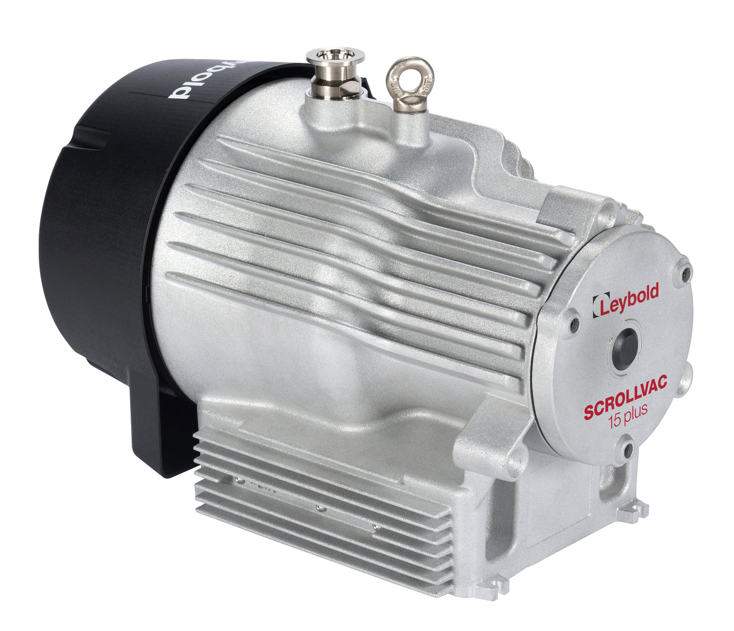 A Leybold SCROLLVAC 15 Plus vacuum pump, showcasing a metallic body with fin-like structures for heat dissipation, a black cylindrical component, and clearly visible ports and connections. The front prominently displays the Leybold logo and the product name.