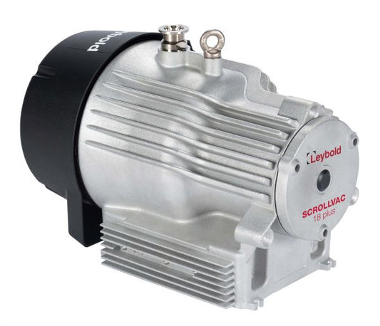 A robustly designed Leybold SCROLLVAC 18 Plus vacuum pump in silver, featuring a finned metallic body for cooling and a distinctive black cylindrical top. The pump includes a small valve and proudly displays the brand name "Leybold" and model "SCROLLVAC 18 Plus" on its side, reflecting its industrial strength and quality.