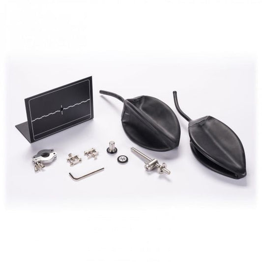 The product, "Test Leak in Pin Type Casing and Hose Nozzle - 0.5 - 1E-7mbarl/s" by Leybold North America, is displayed on a white background, featuring a black stand with a line pattern, two black inflatable bladder bags for leak detection, along with an assortment of small metal components and tools intended for quality control.