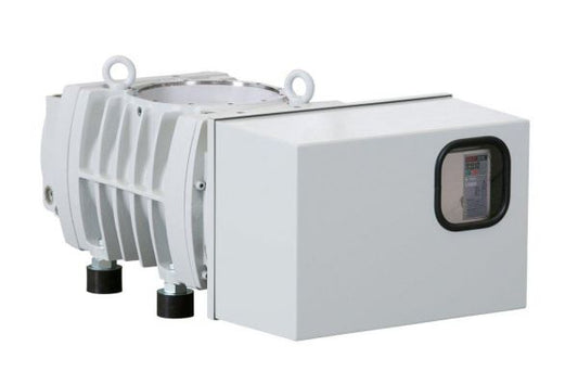 Introducing the RUVAC WH 2500 from Leybold North America: a compact, white industrial machine featuring a rectangular housing and an additional smaller cylindrical section. This unit boasts a small display screen on the front, two circular mounts on the bottom, and two metal rings on top for easy lifting.