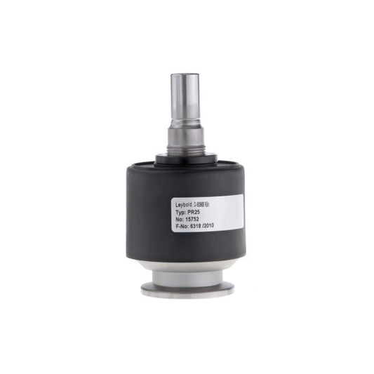 A close-up of the PENNINGVAC PR 25 DN 25 ISO-KF by Leybold North America, an energy-efficient cylindrical component with a metallic shaft on top and flat base, showcases its technical specifications label against a plain white background.