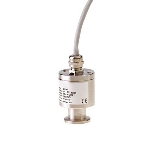 A small cylindrical electronic device with a metal finish and connected to a gray cable at the top, likely a pressure sensor. The side features printed technical specifications and certification markings, including "DI 200" and "CE." The device has a flange base and is branded by Leybold North America.