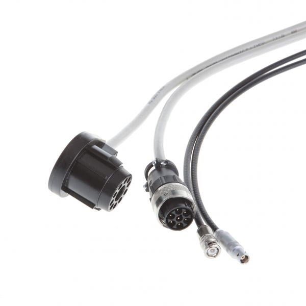 A close-up of Leybold North America Connecting Cable for IONIVAC Sensor IE 414 / IE 514 - 5 m attached to two multi-pin connectors; one with a black casing and the other metal with visible pins. The flexible cables, against a white background, are visibly different in color.