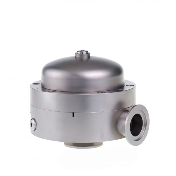 The MR 50 Diaphragm Pressure Regulator by Leybold North America is a silver metallic valve with a domed top and cylindrical base, featuring multiple connection points for precise fluid control. Its shiny stainless steel surface highlights its industrial design and adjustable pressure settings.