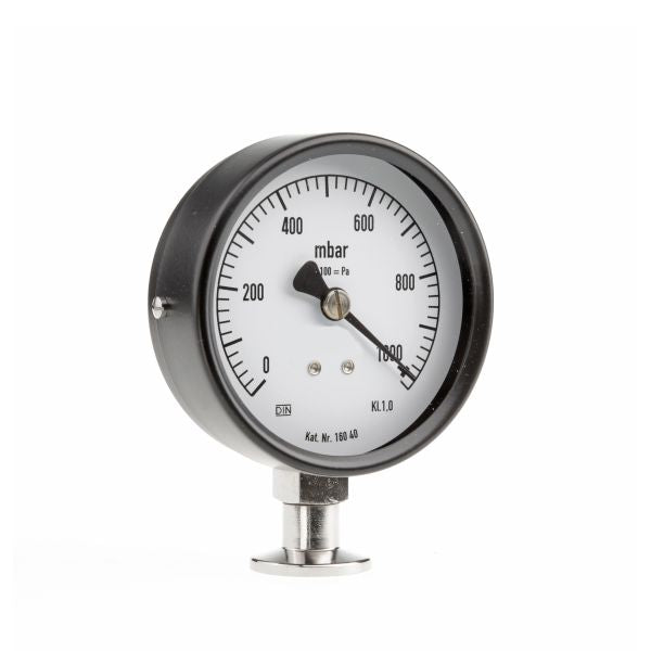 The BOURDONVAC A by Leybold North America is a black-rimmed pressure gauge with a white face, displaying measurements in millibars (mbar) and kilopascals (kPa). The scale ranges from 0 to 800 mbar or 0 to 80 kPa. It features a metal fitting at the bottom for easy connection.