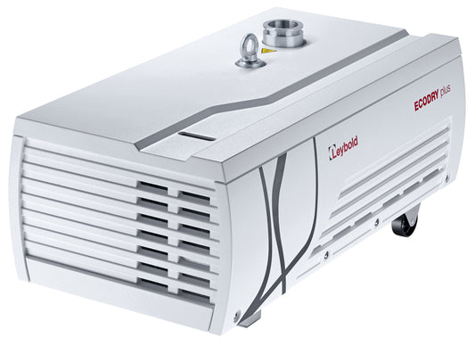 A white Leybold ECODRY 65 vacuum pump on a white background. The device has a sleek, horizontal rectangular design with vents on the front, a cylindrical fitting on top, and the brand name "Leybold" in red lettering on the side.