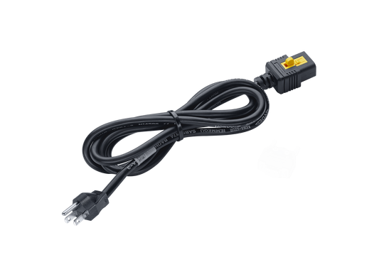 A coiled, long black cable with a three-prong electrical plug on one end and a VGA connector on the other end. The Leybold 115V, Power Cord, Nema L5-15P to C19, 3m also features an integrated black box with a yellow push button on top, possibly for controlling connected devices.