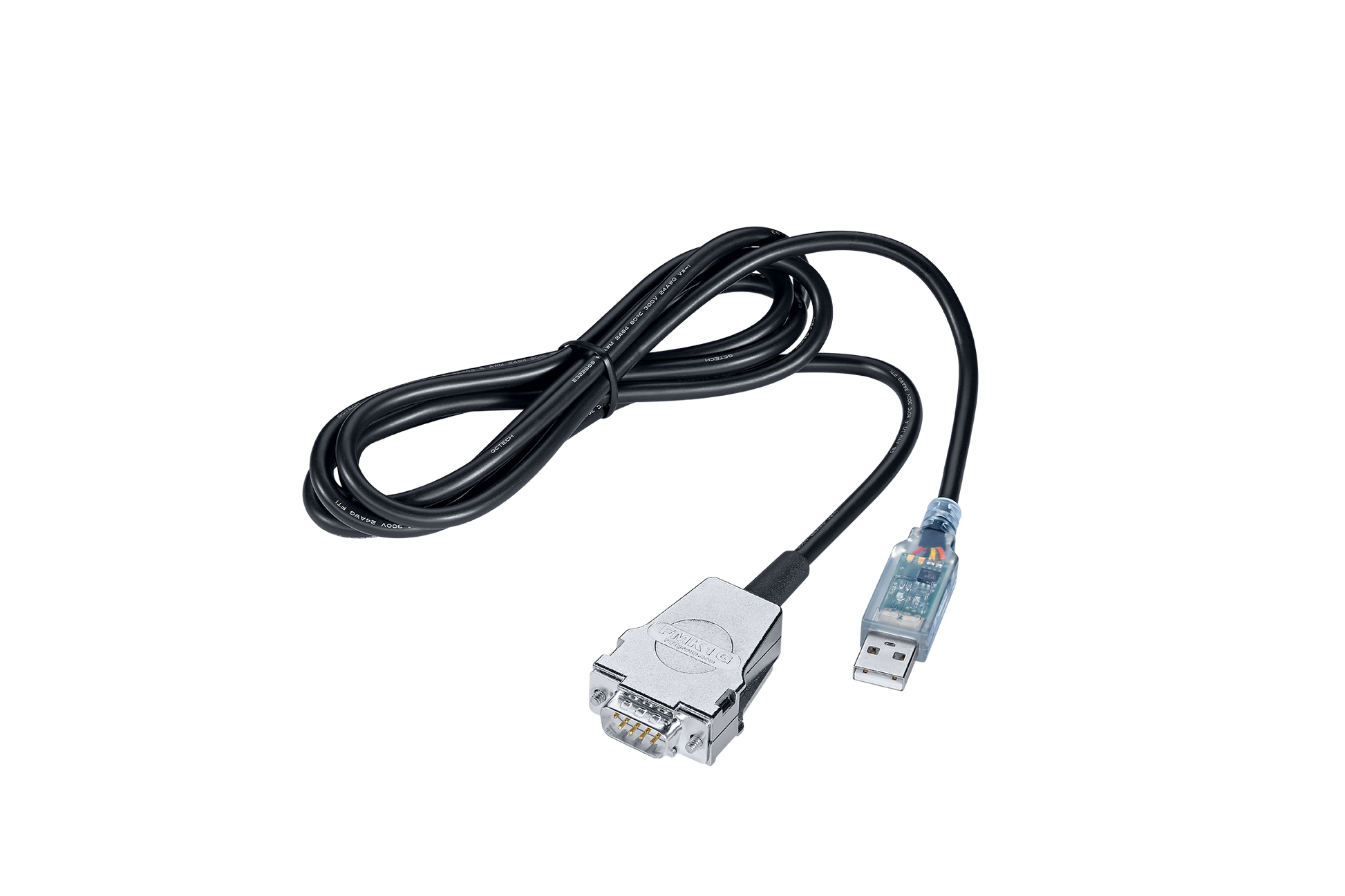 Image of a black Interface Cable RS485/USB,1,8m by Leybold North America with a metal DB9 connector on one end and a transparent blue USB connector on the other end. The cable is slightly coiled, highlighting its length and flexibility.