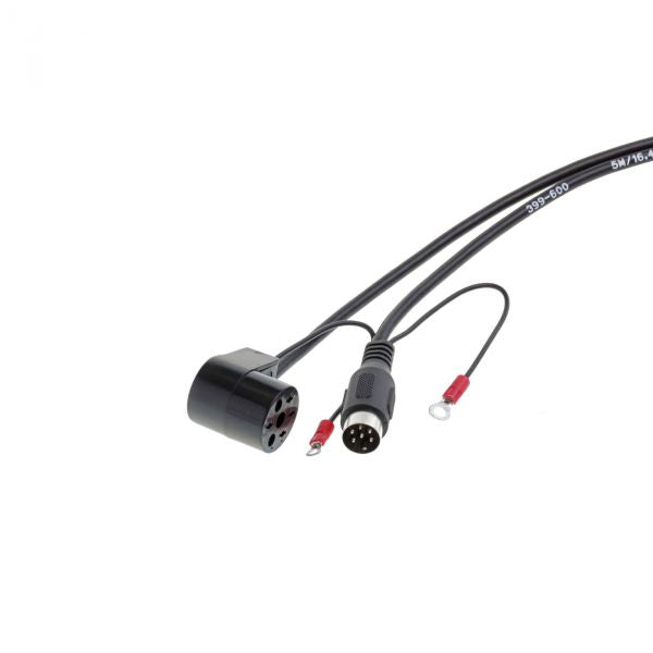 Close-up of the Leybold North America Connecting cable for TR-sensors (30m), featuring three branches: a circular connector with pins for data transmission, a ring terminal, and a red insulated spade terminal against a plain white background.