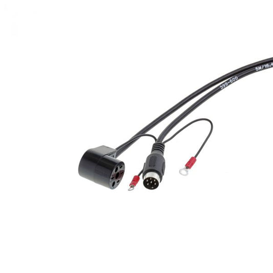 The 15m Leybold North America TR-sensor connecting cable features a black multi-pin connector with black cylindrical housing. It has two wires ending in red connectors, one circular and one open-ended, ideal for data transmission. The cable is displayed on a white background.