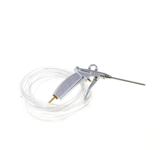 The Leybold North America Search Gas Spray Gun is a metal tool featuring a long, thin nozzle and an ergonomic handle, fitted to a transparent hose coiled around it, set against a plain white background.