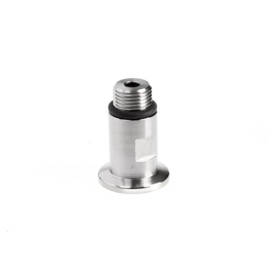 A small cylindrical metal component, identified as a "Screw-in Flanges ISO-KF" by Leybold North America, with a threaded top and a wider, flat base on a plain white background. The threaded section appears to allow for fastening, while the base suggests it might be used for mounting or stability in assembly.