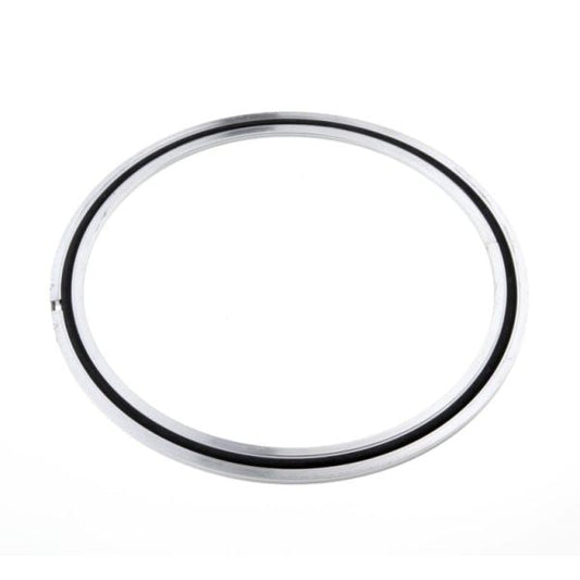 A close-up of a Leybold North America Vacuum Sealing Disk for DN 100 ISO-F Flanges, featuring a metallic circular ring with a black inner lining, isolated on white—ideal for vacuum sealing applications.