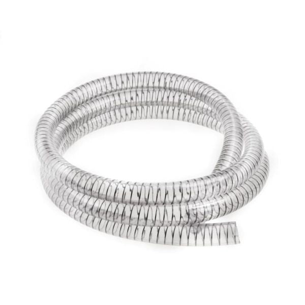 Leybold North America's PVC Coiled Vacuum Hoses (16 mm / 23 mm) feature a transparent spiral design with visible internal support, demonstrating their flexibility and length when laid flat, making them ideal for industrial and commercial applications needing durable, flexible hoses.