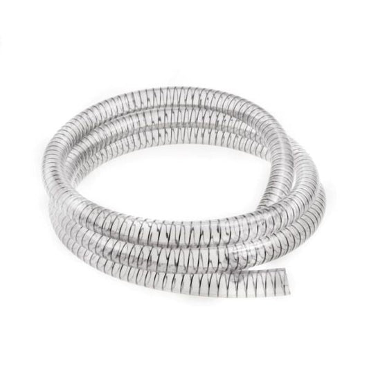 Leybold North America's PVC Coiled Vacuum Hoses (16 mm / 23 mm) feature a transparent spiral design with visible internal support, demonstrating their flexibility and length when laid flat, making them ideal for industrial and commercial applications needing durable, flexible hoses.