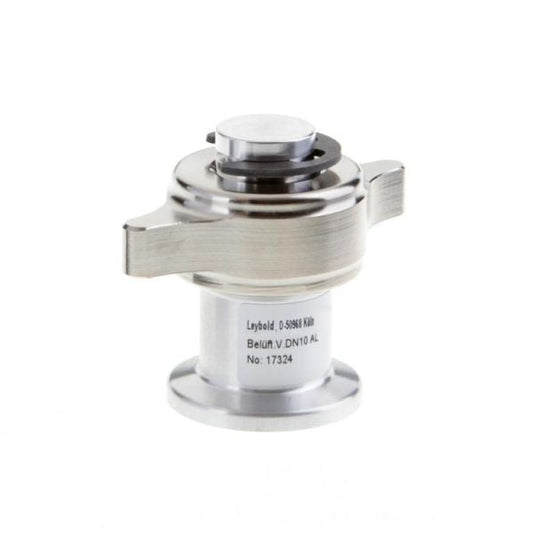 A Venting Valve by Leybold North America, features a metallic vacuum component with attached fittings and engraved labeling, "Leybold" and technical details. Its cylindrical base and central circular structure make it ideal for efficient HVAC air pressure management. Displayed on a white background.