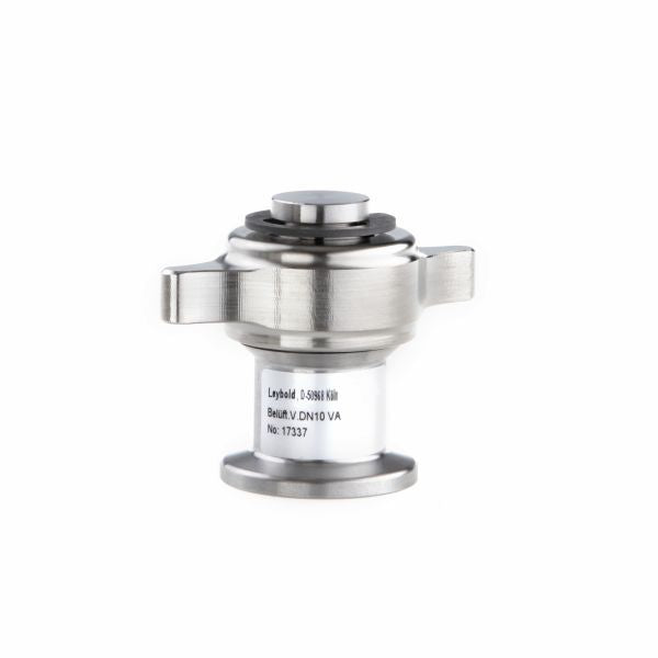 A Leybold North America Venting Valve, metallic and cylindrical with dual extended handles and inscriptions, stands against a white background. Its smooth, shiny surface reflects light, emphasizing its industrial design and crucial role in regulating HVAC pressure.