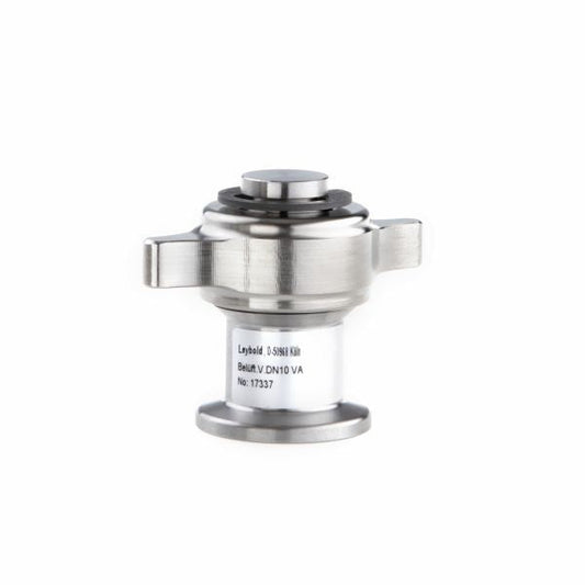 A Leybold North America Venting Valve, metallic and cylindrical with dual extended handles and inscriptions, stands against a white background. Its smooth, shiny surface reflects light, emphasizing its industrial design and crucial role in regulating HVAC pressure.