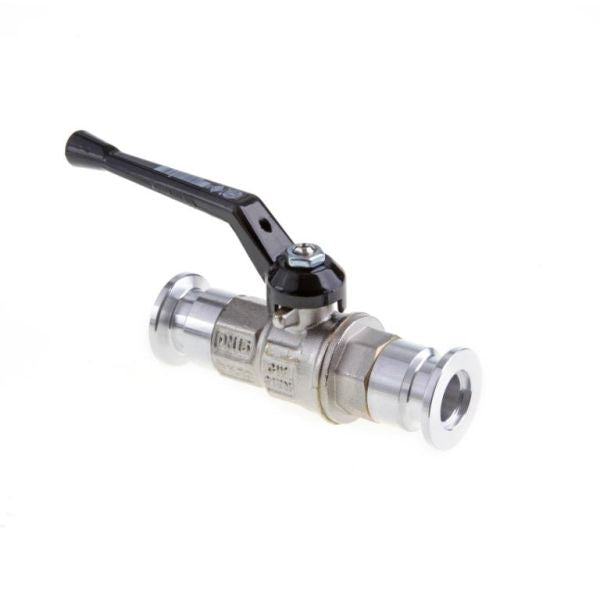 The Leybold North America Ball Valve DN 16 ISO-KF features stainless steel construction for corrosion resistance, a black lever handle, and two clamp ends, all shown against a plain white background.