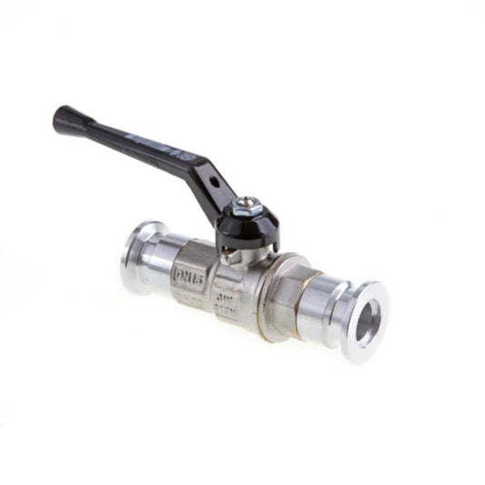 The Leybold North America Ball Valve DN 16 ISO-KF features stainless steel construction for corrosion resistance, a black lever handle, and two clamp ends, all shown against a plain white background.