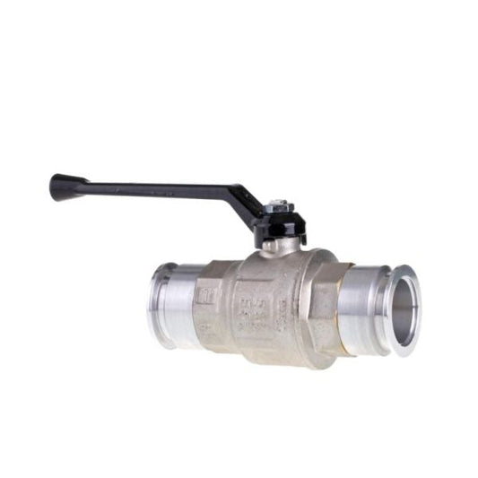 The Leybold North America Ball Valve DN 40 ISO-KF, made from durable stainless steel with a black lever handle for precise flow control, is designed for pipe connections and shown on a white background.