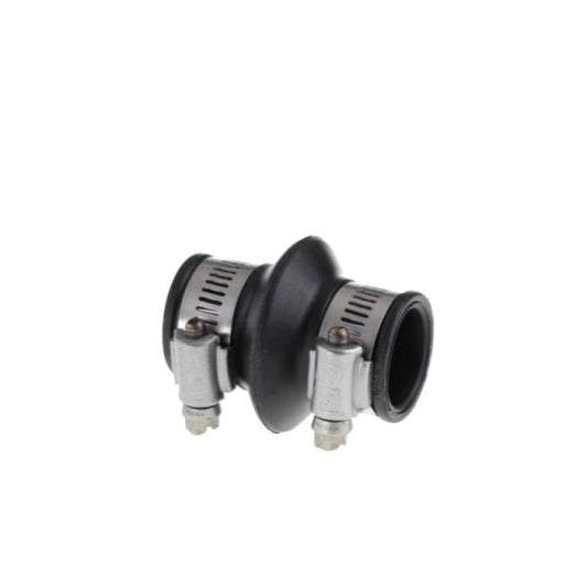 The Leybold North America Compensation Elements with Integrated Support Ring DN 25 ISO-KF, featuring two metal hose clamps, is designed for connecting pipes in vacuum systems and shown against a white background.