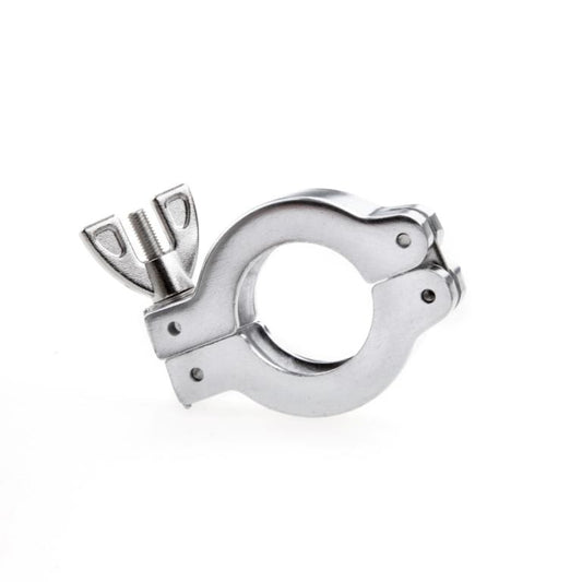 A Leybold North America Clamping Ring, DN 10/16 KF with a butterfly screw mechanism. The Clamping Ring is designed to fasten or secure objects and features a smooth, polished finish.