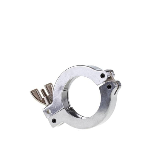 A shiny, metallic Clamping Ring, DN 32/40 KF from Leybold North America with a circular shape is displayed against a plain white background. The clamping ring features a butterfly-style screw tightening mechanism for secure attachment.