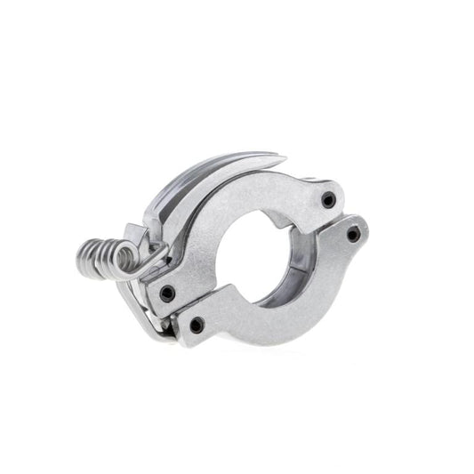 A Leybold North America Quick Clamping Ring ISO-KF with a circular opening and a spring-loaded locking mechanism. The clamp appears to be used for secure fastening, possibly for pipes or equipment. It is isolated on a white background.