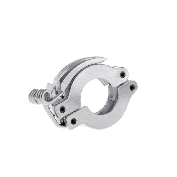 The Leybold North America Quick Clamping Ring DN 20/25 ISO-KF, featuring a circular center, hinged design, and coiled spring for ISO-KF vacuum systems, is displayed against a plain white background.