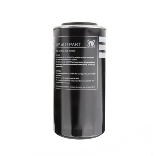 A black cylindrical container with a lid, labeled "Alu-Part Combination Filter WF for CFS 16-25 / 40-65" and display text in white. The side of the container has various instructions and safety information in white lettering. The background is plain white. Brand Name: Leybold North America