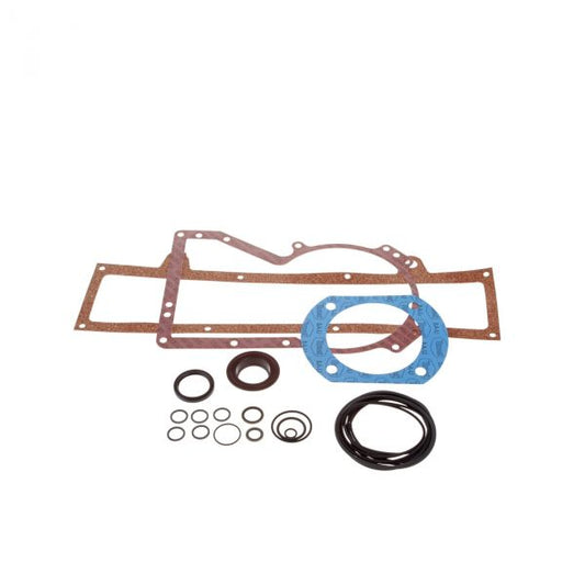 A Leybold North America Seal Kit E 250 / DK 200 arranged on a white background. The kit includes rectangular, circular, and ring-shaped gaskets made from different materials, indicating their use in different parts of an engine or mechanical system for preventing leaks.