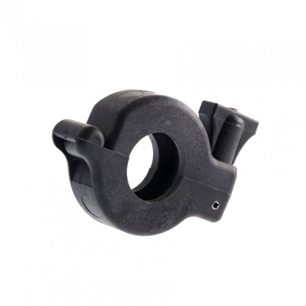 The Leybold North America Plastic Clamp DN 10/16 ISO-KF is a black plastic clamp featuring a circular opening and locking mechanism, making it ideal for vacuum applications. It is designed to securely hold objects and boasts a simple, functional design that meets ISO-KF standards, shown against a white background.
