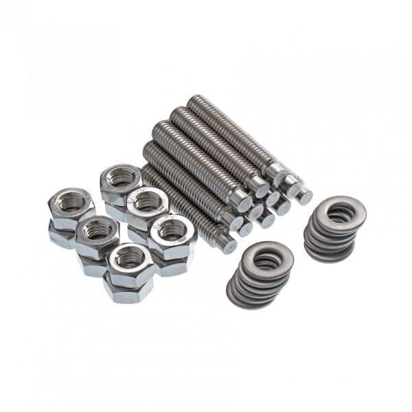 On a white background, Leybold North America's collection showcases Bolts DN 160-250 ISO-F, featuring six corrosion-resistant threaded bolts, eight hexagonal nuts, and two stacks of flat washers. The items are neatly arranged in separate groups, highlighting their durability and organized appeal.