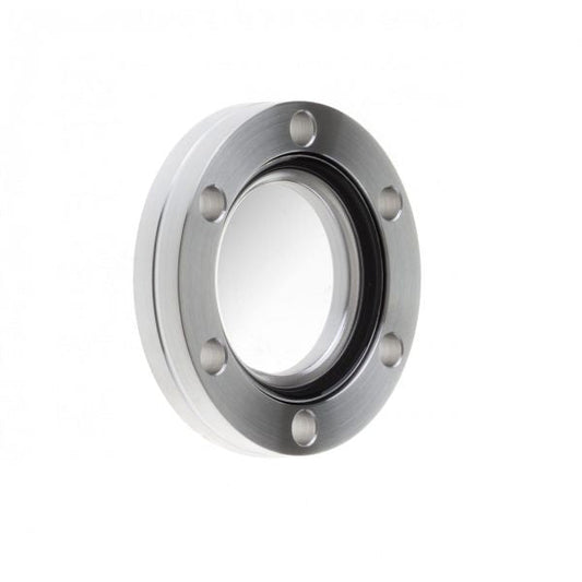 Leybold North America's UHV-Observation Window DN 40 CF features a round metal flange with six evenly spaced bolt holes and a clear glass center for superior vacuum sealing, ideal as an industrial sight glass or inspection window.