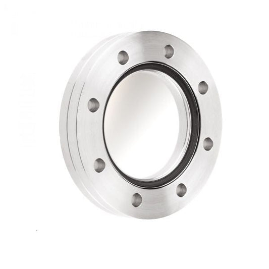 The Leybold North America UHV-Observation Window DN 63 CF features a clear center for optical clarity and a robust metallic frame with evenly spaced bolt holes, making it ideal for ultra-high vacuum applications.