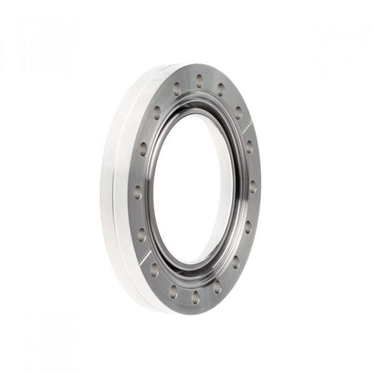 The Leybold North America UHV-Observation Window DN 100 CF is a metallic circular viewing port with evenly spaced holes on its rim, photographed at an angle on a white background, engineered for thermal and chemical stability in UHV environments.