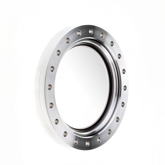 The Leybold North America UHV-Observation Window DN 160 CF is a round metallic window with a circular glass center and evenly spaced bolt holes, ideal for vacuum chambers or ultra-high vacuum experiments.
