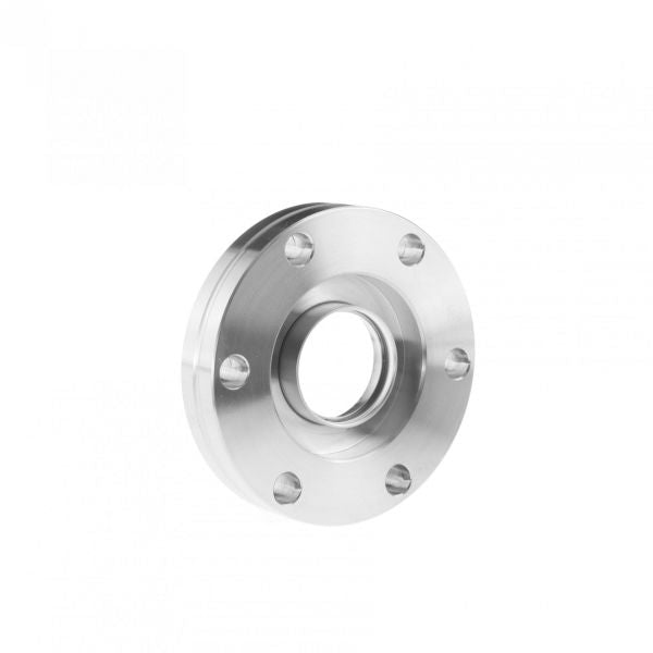 The UHV-Sapphire Observation Window by Leybold North America is a metallic flange with six bolt holes, offering optical clarity ideal for high vacuum environments. Its polished stainless steel and central opening are showcased against a plain white background.