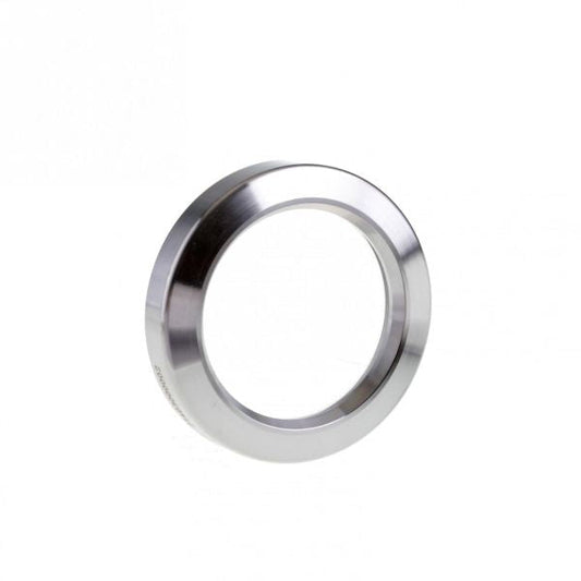 The Leybold North America Observation Window DN 40 ISO-KF is a shiny, metallic, circular vacuum-compatible ring with a smooth surface and hollow center, displayed against a plain white background.