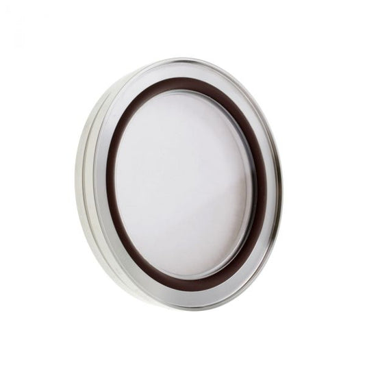 The Leybold North America Observation Window DN 63 ISO-K, a round metallic and glass frame with a dark inner border, resembling an ISO-K flange for vacuum use, is displayed at an angle on a white background. The frame is empty.