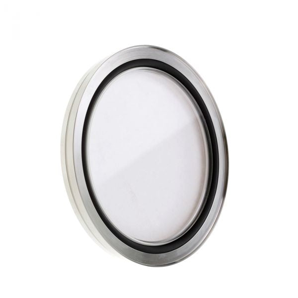 The Leybold North America Observation Window DN 100 ISO-K features a round, clear glass pane with a metallic silver frame and black inner ring, offering optimal optical clarity, shown against a white background.