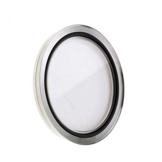 The Leybold North America Observation Window DN 100 ISO-K features a round, clear glass pane with a metallic silver frame and black inner ring, offering optimal optical clarity, shown against a white background.