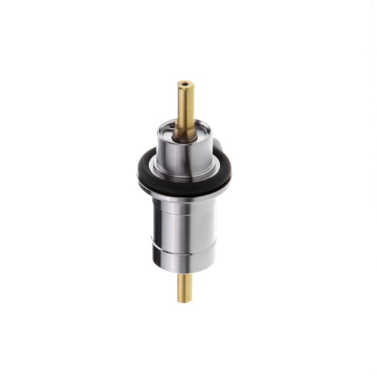 The UHV-Linear Motion Feedthrough FNL 40/50 by Leybold North America is a metallic cylindrical valve component with a brass rod or pin extending from its center. This part showcases sections of various diameters and is crafted with precision engineering. The object is presented against a plain white background, which enhances its clarity.